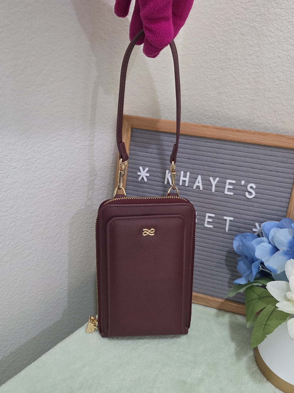 Authentic House Of Little Bunny Burgundy Crossbody Phone Bag with Gold Hardware